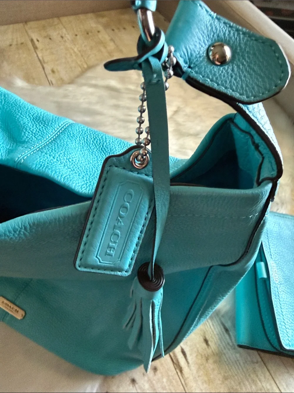 Coach Turquoise leather Hobo Bag with Tassel and Matching Coach Wallets Set